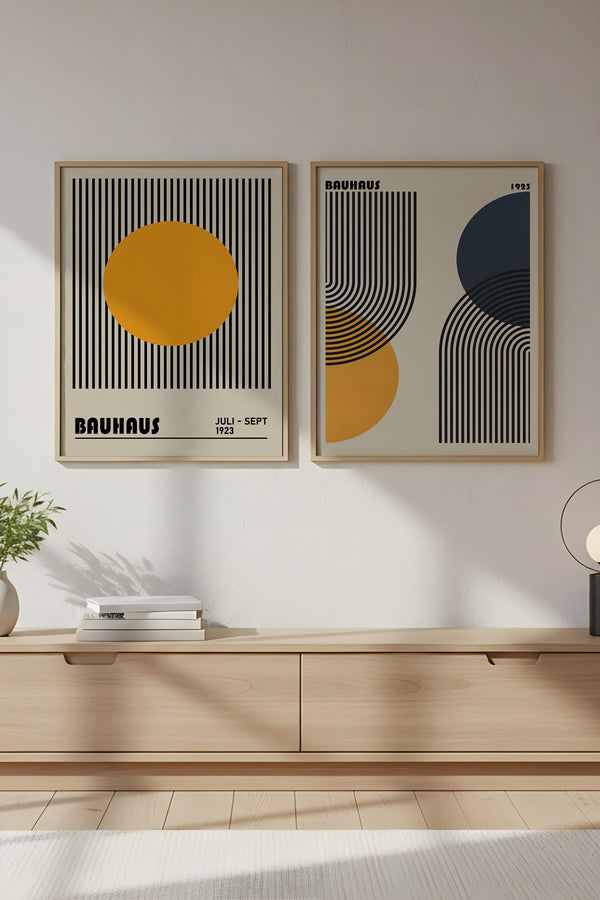 Geometrik Desenli Sarı-Beyaz Tablo Seti - Modern 2’li Set | huhu244