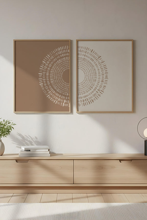 Geometrik Desenli Kahverengi ve Beyaz Tablo Seti - Modern 2’li Set | huhu251