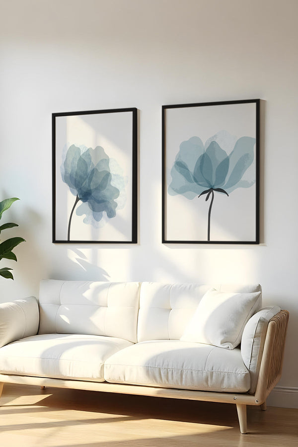 Akvarel Çiçek Desenli Tablo Seti - Mavi 2’li Set | huhu24