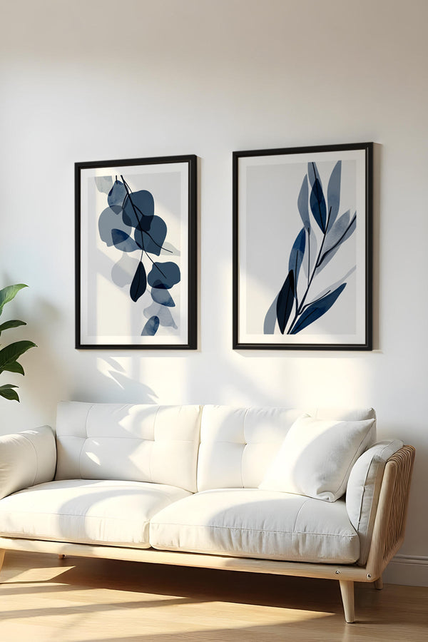 Soyut Yaprak Desenli Mavi Tablo Seti - Modern 2’li Set | huhu25