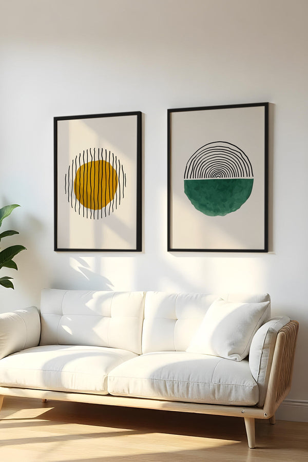 Geometrik Desenli Sarı ve Yeşil Tablo Seti - Modern 2’li Set | huhu30