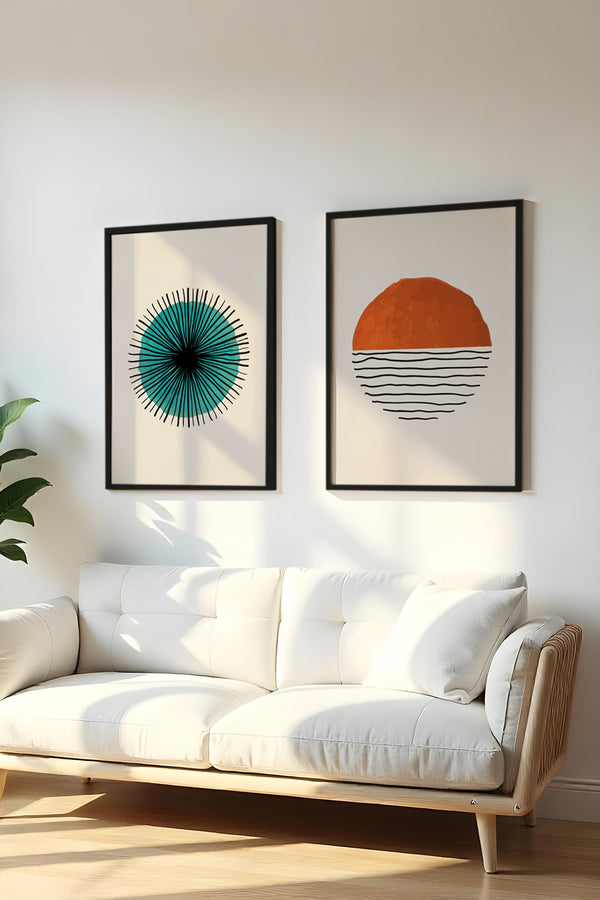 Soyut Desenli Turkuaz ve Kırmızı Tablo Seti - Modern 2’li Set | huhu31