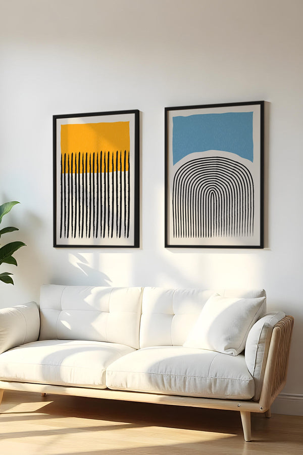 Geometrik Desenli Sarı ve Mavi Tablo Seti - Modern 2’li Set | huhu50