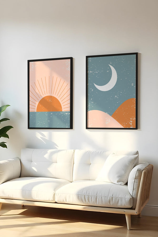 Soyut Güneş ve Ay Tablo Seti - Modern 2’li Set | huhu6