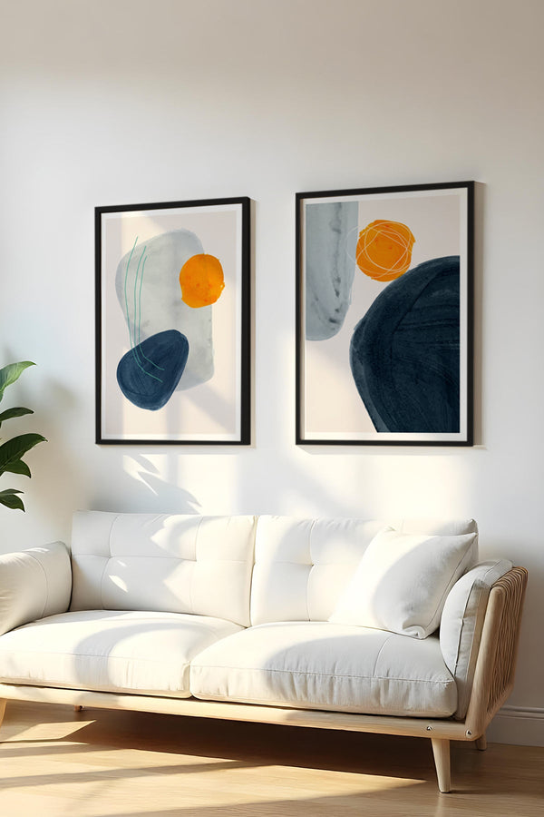 Soyut Desenli Mavi ve Turuncu Tablo Seti - Modern 2’li Set | huhu9