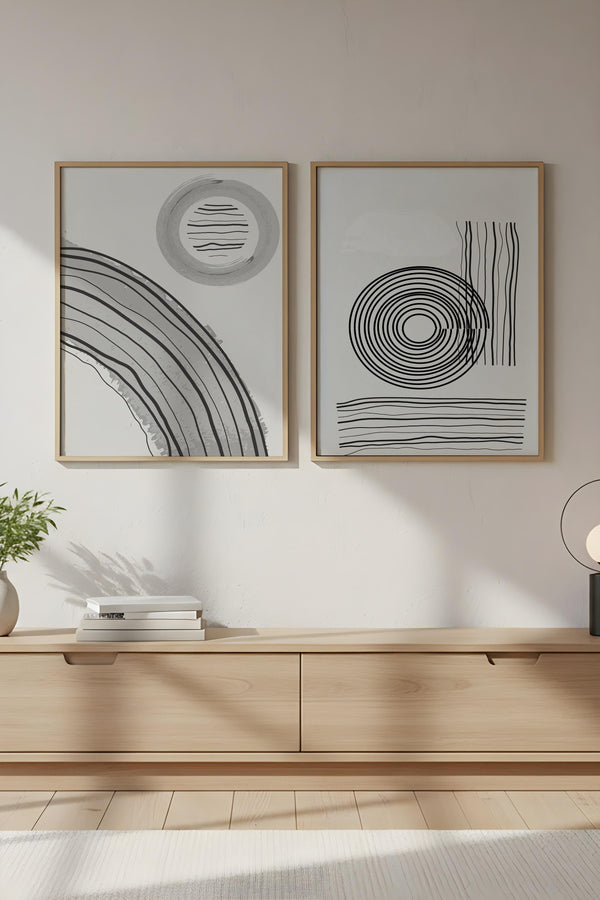 Soyut Desenli Siyah-Beyaz Tablo Seti - Modern 2’li Set | huhu58