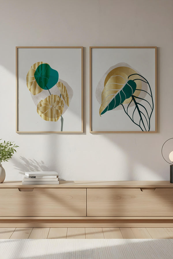 Soyut Desenli Yeşil ve Altın Tablo Seti - Modern 2’li Set | huhu67