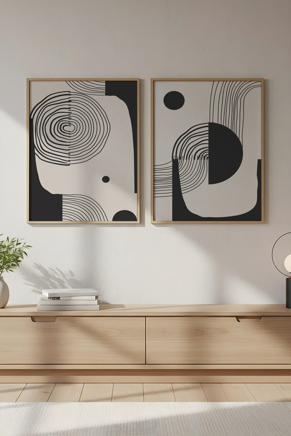 Soyut Desenli Siyah-Beyaz Tablo Seti - Modern 2’li Set | huhu75