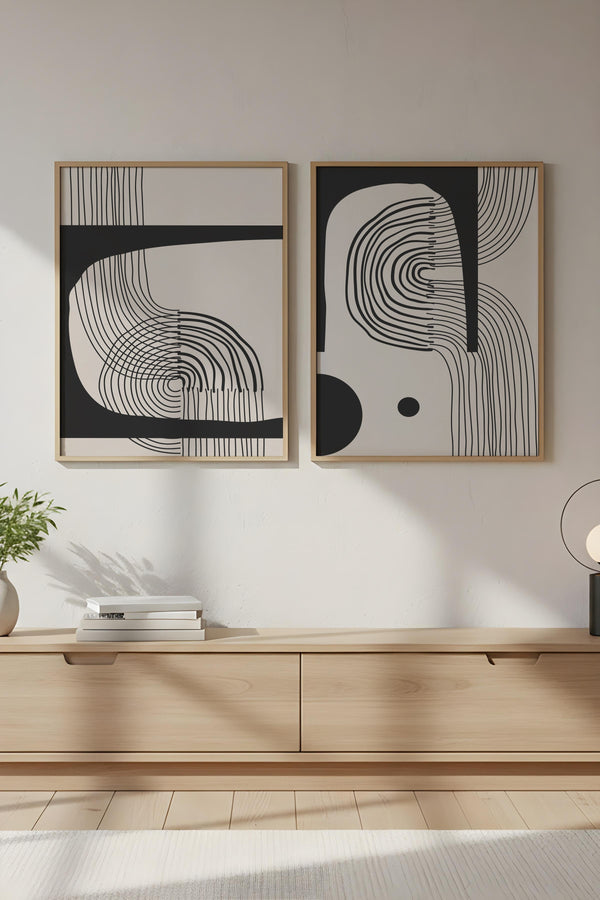 Geometrik Desenli Siyah-Beyaz Tablo Seti - Modern 2’li Set | huhu76