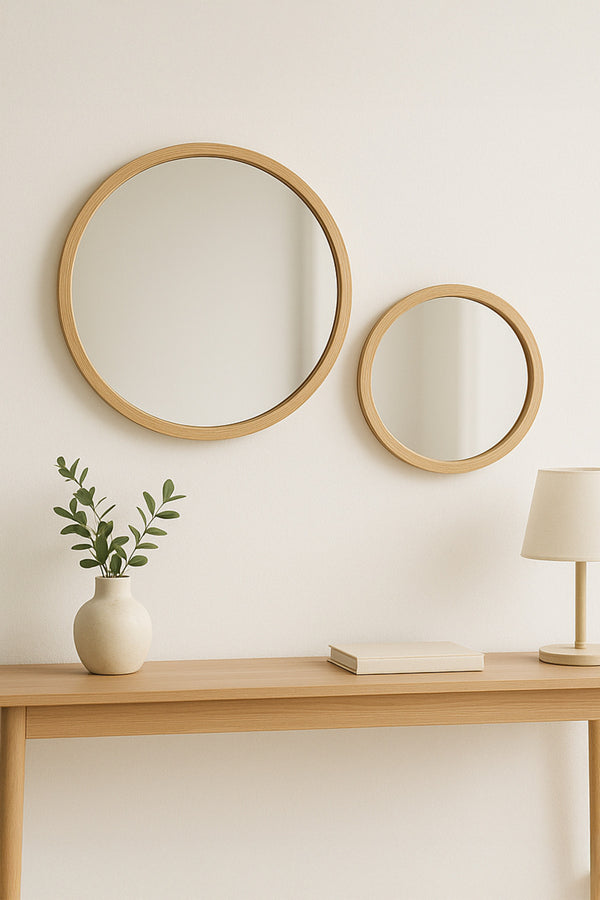 2'li İskandinav Ahşap Çerçeveli Yuvarlak Ayna Seti 39 cm & 27 cm – Minimal Dekor | 2PMİRROR3927