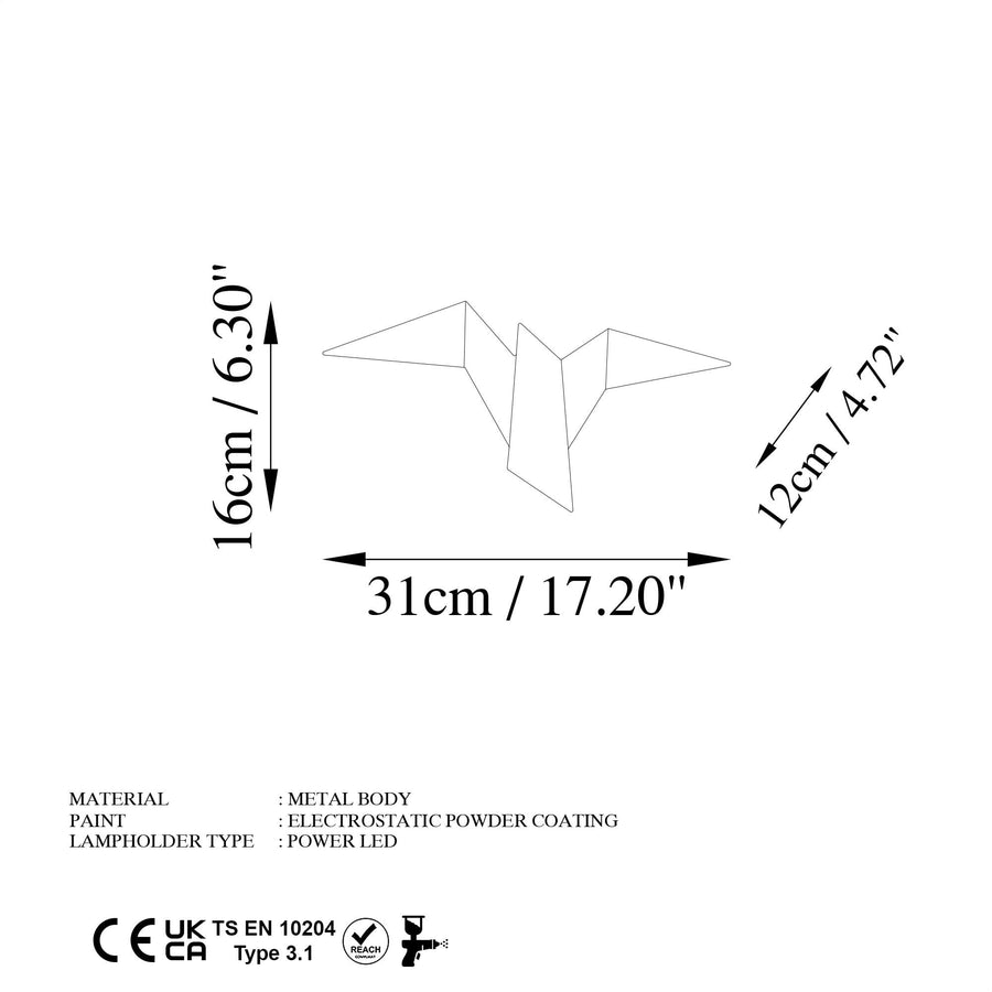 Origami Kuş Küçük Boy LED Aplik - Altin