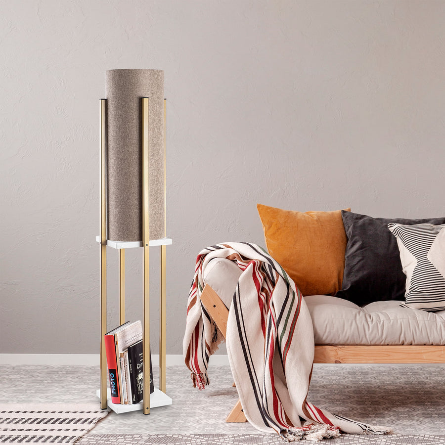 Raflı Lambader Metal Keten Abajurlu - Altın