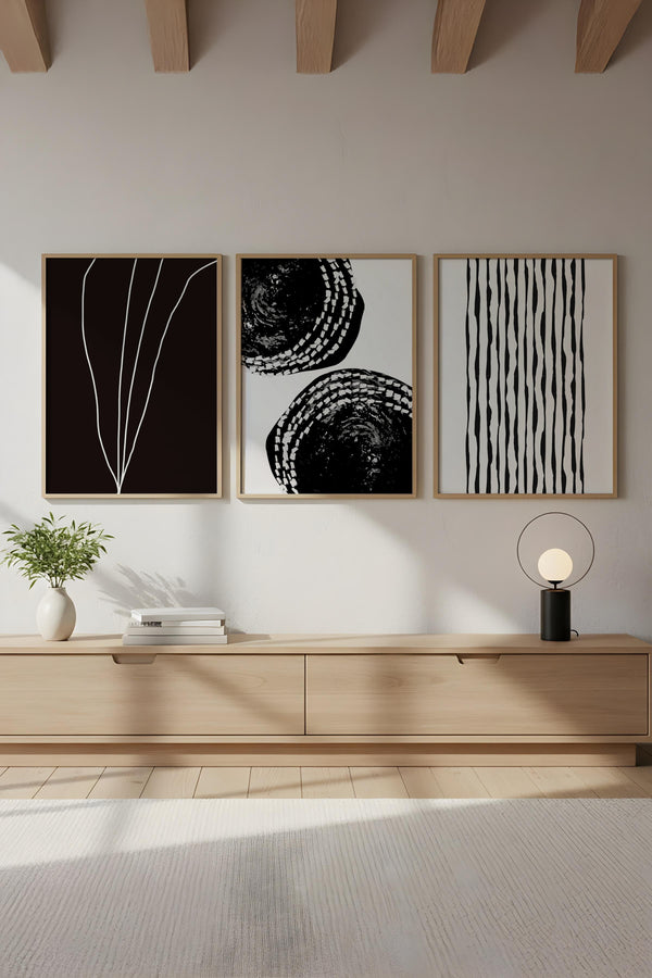 Geometrik Desenli Siyah-Beyaz Tablo Seti - Modern 3’lü Set | huhu240