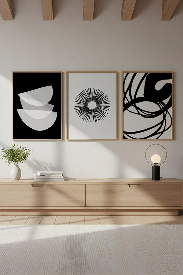 Soyut Desenli Siyah-Beyaz Tablo Seti - Modern 3’lü Set | huhu241