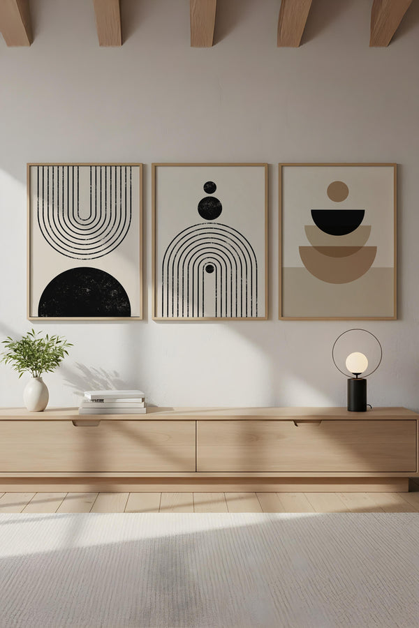 Geometrik Desenli Siyah-Beyaz Tablo Seti - Modern 3’lü Set | huhu262