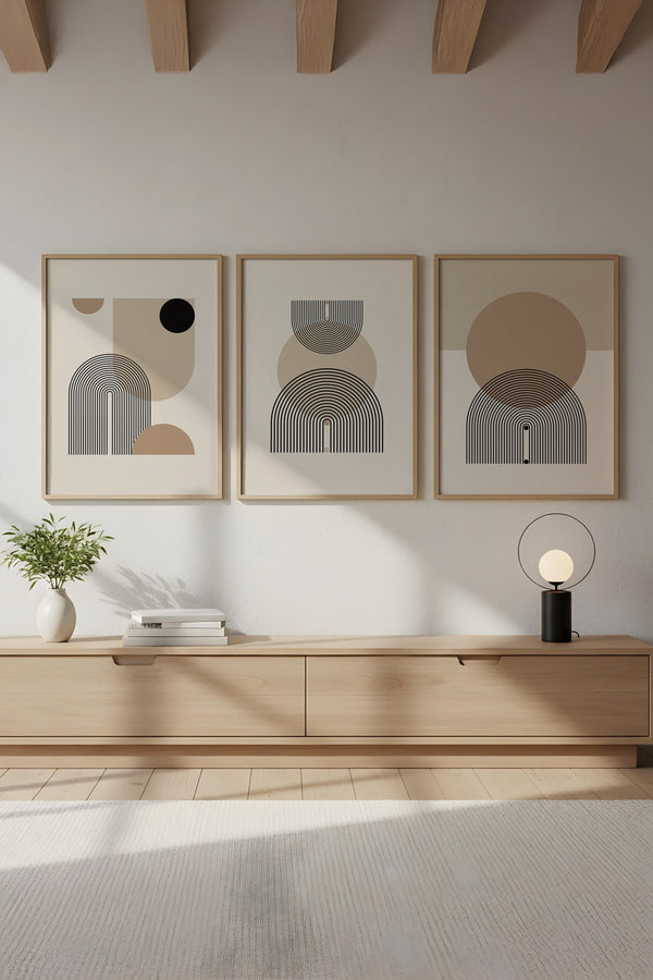 Geometrik Desenli Bej Tablo Seti - Modern 3’lü Set | huhu263