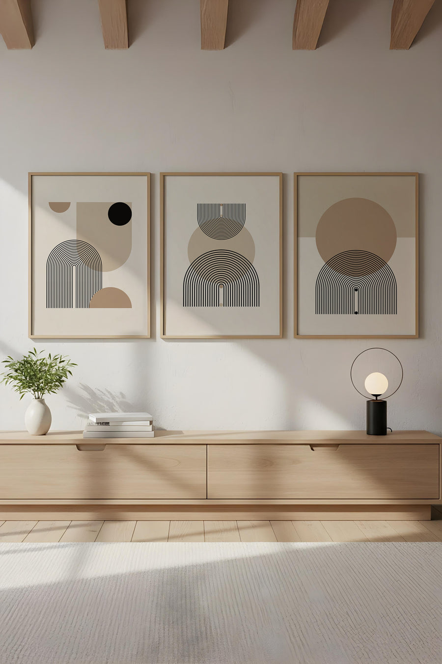 Geometrik Desenli Bej Tablo Seti - Modern 3’lü Set | huhu263