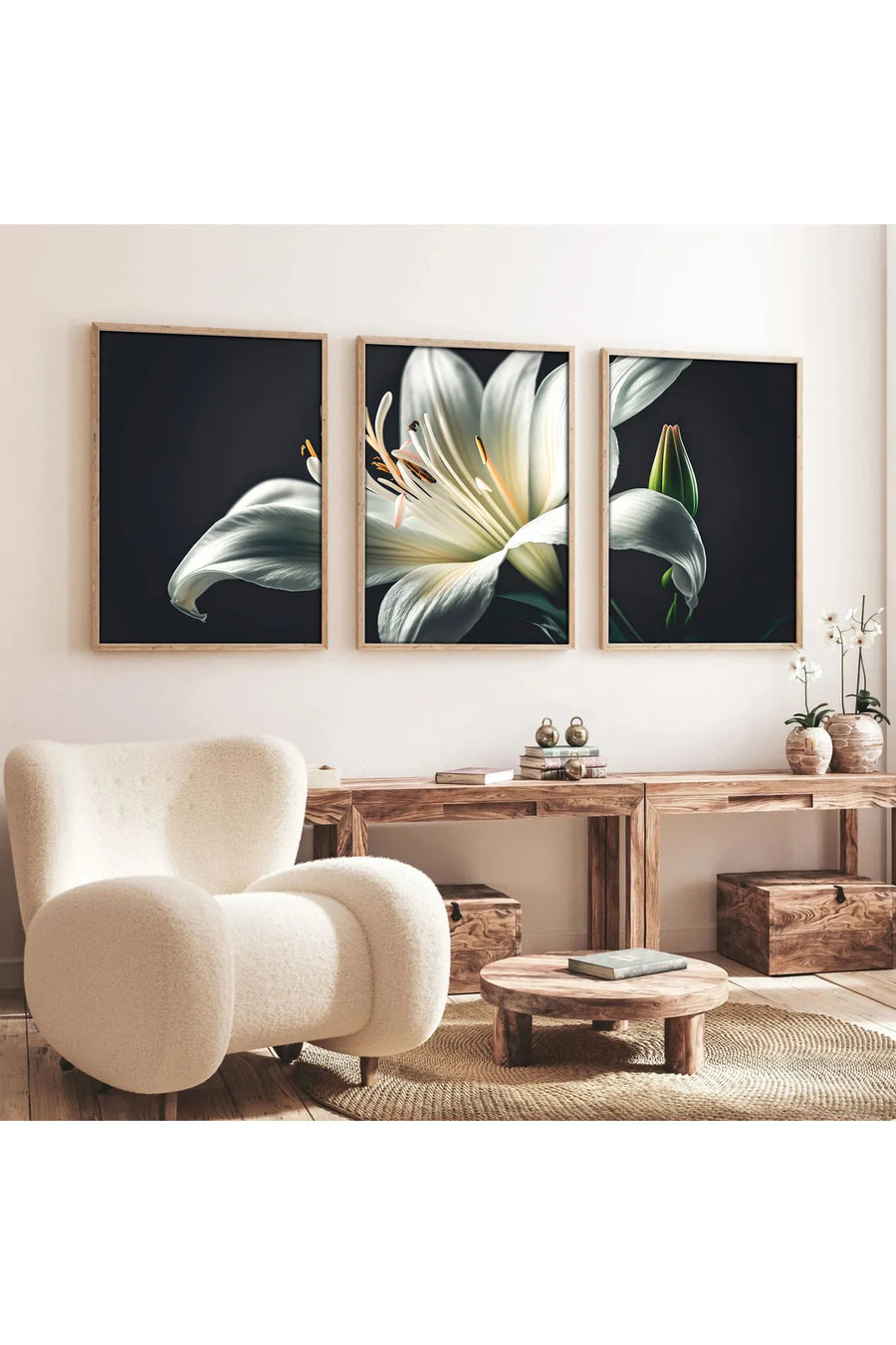 Ahşap Çerçeveli 3'lü Çiçek Desenli Modern Tablo Seti | Huhu224