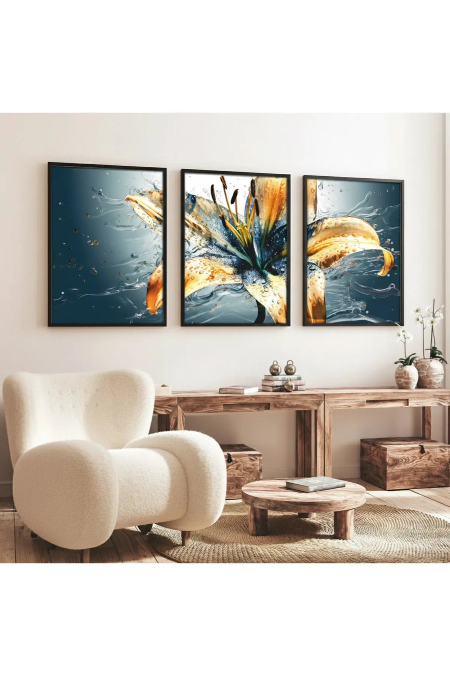 Ahşap Siyah Çerçeveli 3'lü Çiçek Desenli Modern Tablo Seti | Huhu219