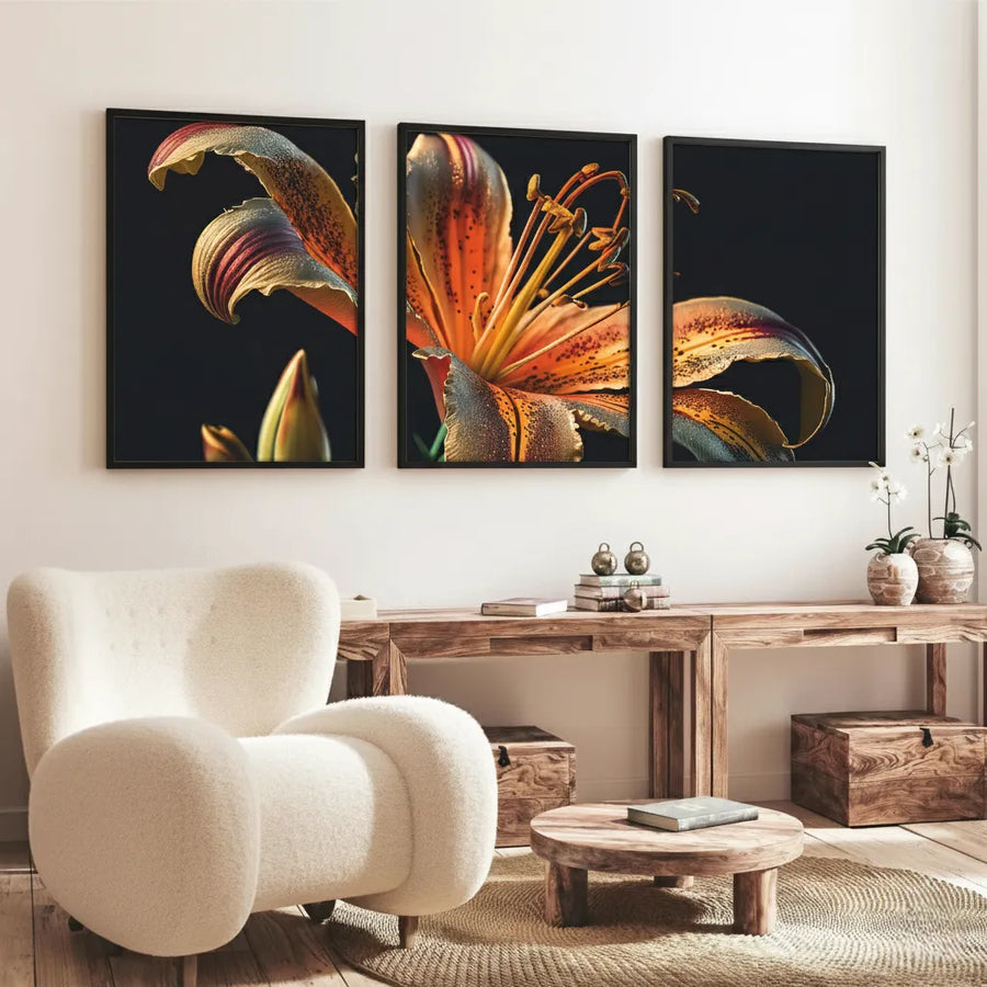 Ahşap Siyah Çerçeveli 3'lü Çiçek Desenli Modern Tablo Seti | Huhu221