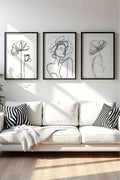 Ahşap Siyah Çerçeveli Minimalist Line Art 3'lü Tablo Seti | Huhu534