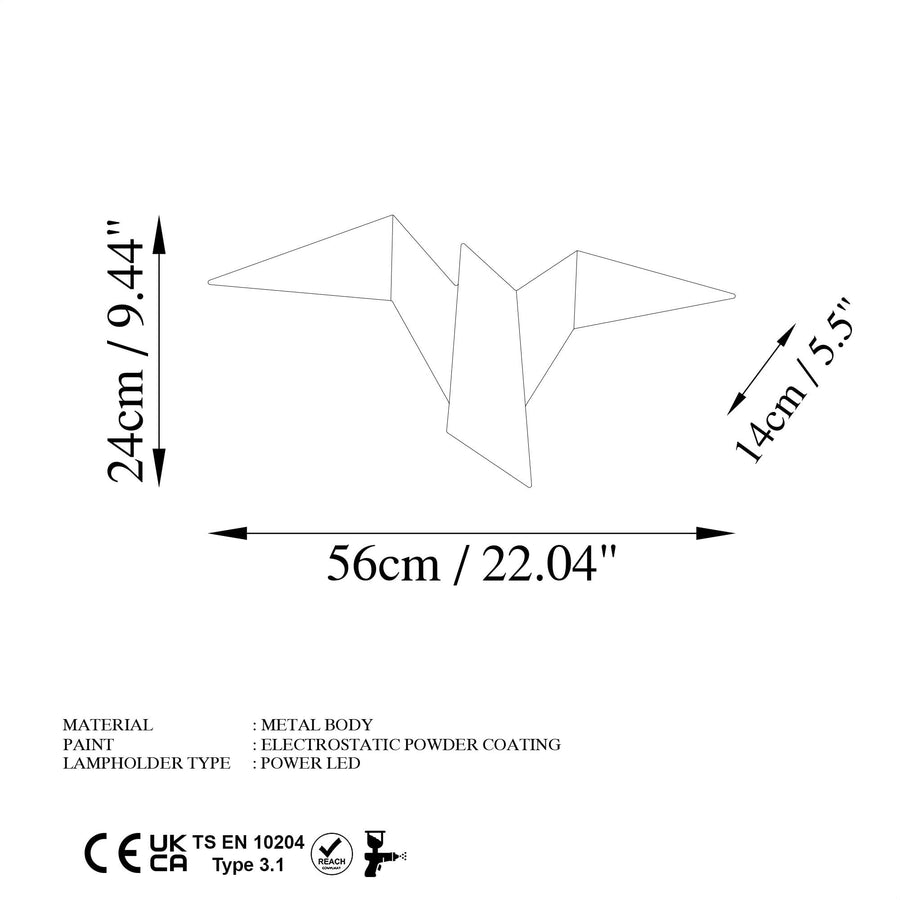 Origami Kuş Büyük Boy LED Aplik - Altin