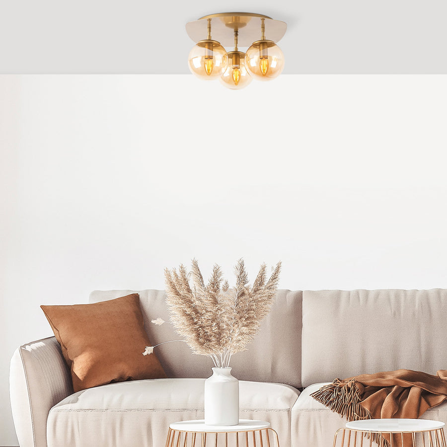 Küresel Amber Camlı 3'lü Plafonyer - Altin
