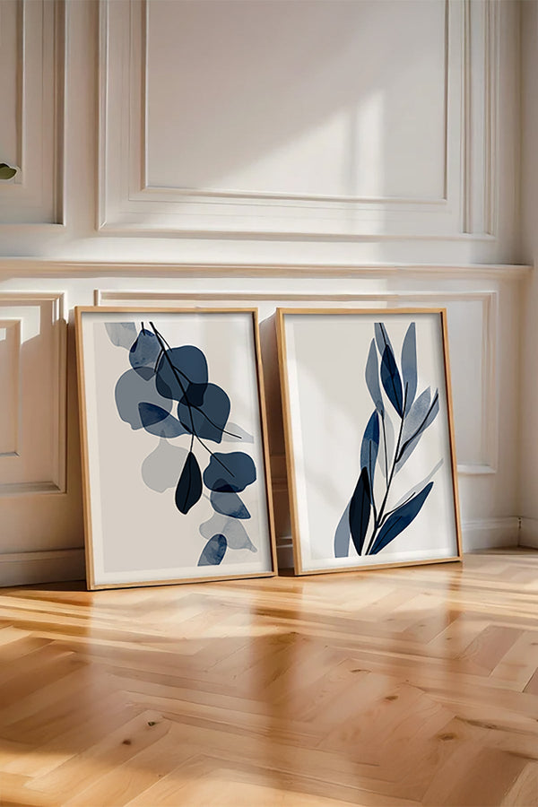 Soyut Yaprak Desenli Mavi Tablo Seti - Modern 2’li Set | huhu25