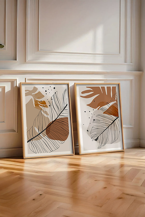 Soyut Yaprak Desenli Tablo Seti - Modern 2’li Set | huhu36