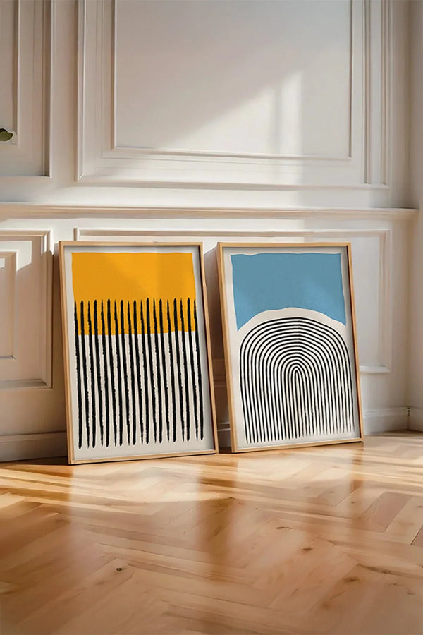 Geometrik Desenli Sarı ve Mavi Tablo Seti - Modern 2’li Set | huhu50