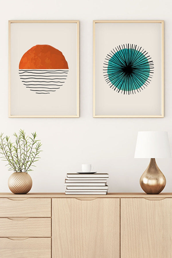 Soyut Desenli Turkuaz ve Kırmızı Tablo Seti - Modern 2’li Set | huhu31