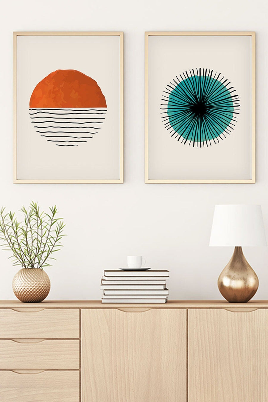 Soyut Desenli Turkuaz ve Kırmızı Tablo Seti - Modern 2’li Set | huhu31