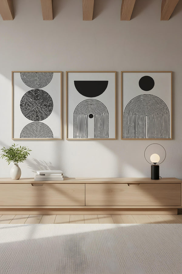 Geometrik Desenli Siyah-Beyaz Tablo Seti - Modern 3’lü Set | huhu163