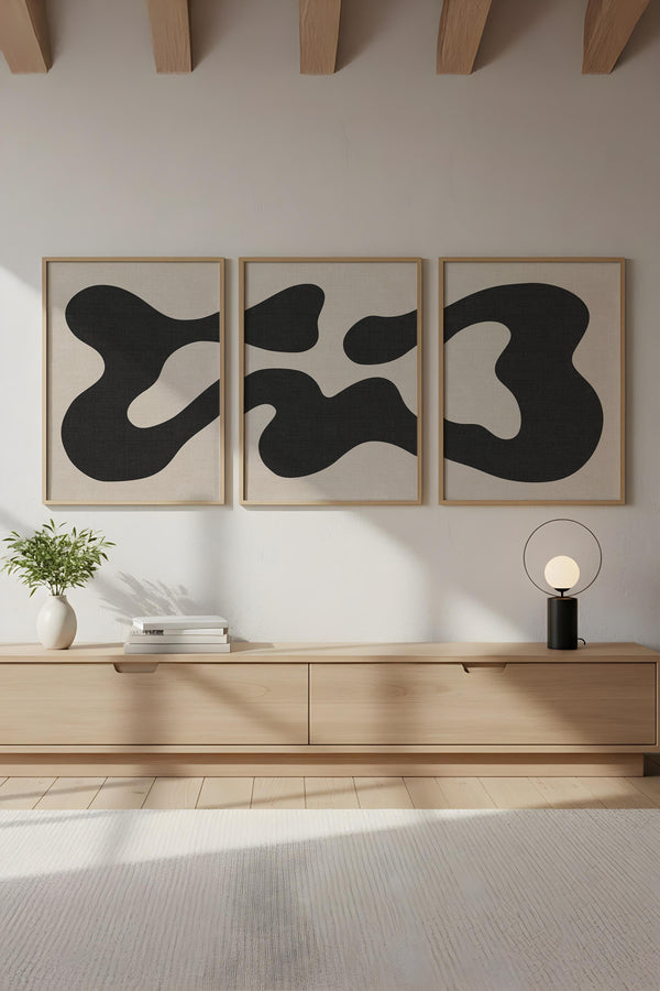 Soyut Desenli Siyah-Beyaz Tablo Seti - Modern 3’lü Set | huhu199