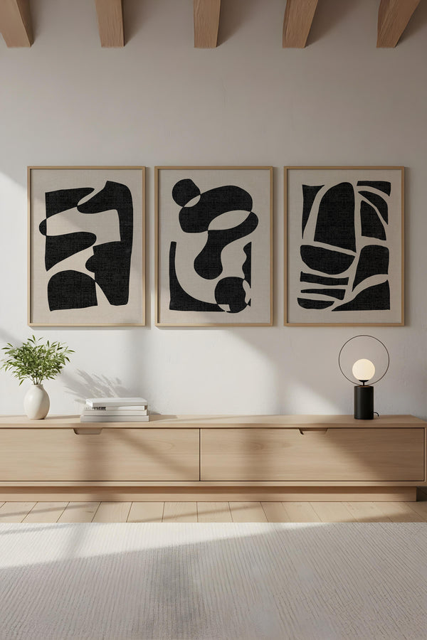 Soyut Desenli Siyah Beyaz Tablo Seti - Modern 3’lü Set | huhu201