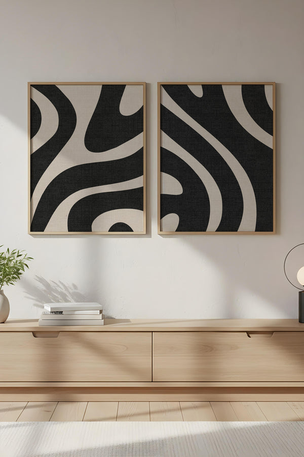 Geometrik Desenli Siyah-Beyaz Tablo Seti - Modern 2’li Set | huhu203