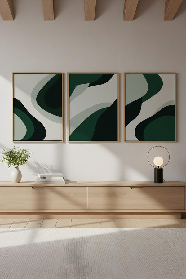 Soyut Desenli Yeşil Tablo Seti - Modern 3’lü Set | huhu204