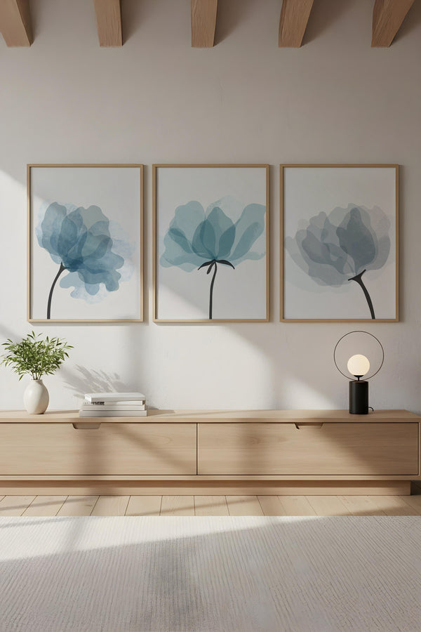Soyut Mavi Çiçekli Tablo Seti - Modern 3’lü Set | huhu206