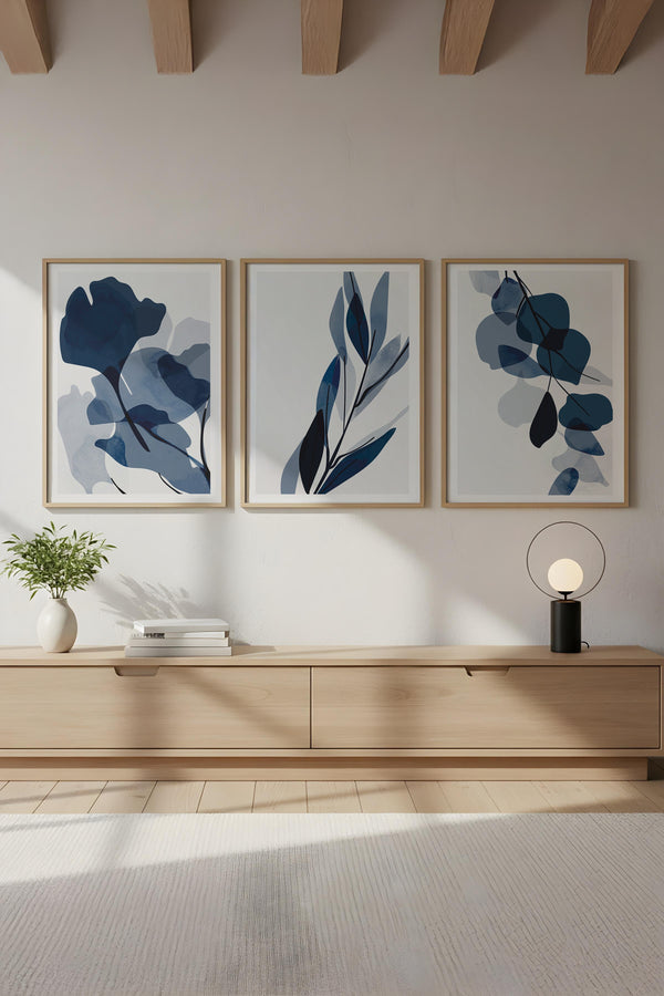 Geometrik Desenli Mavi Tablo Seti - Modern 3’lü Set | huhu207