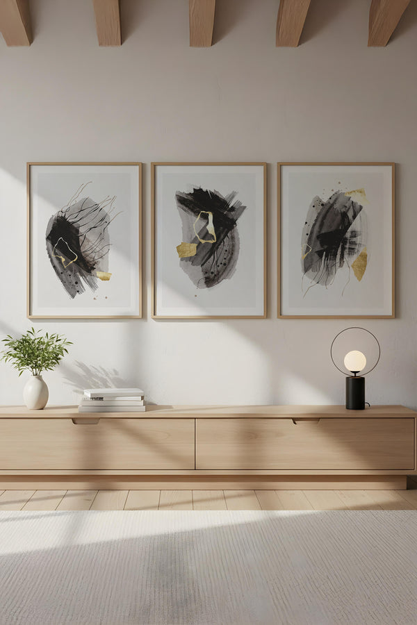 Soyut Desenli Siyah-Beyaz Tablo Seti - Modern 3’lü Set | huhu208