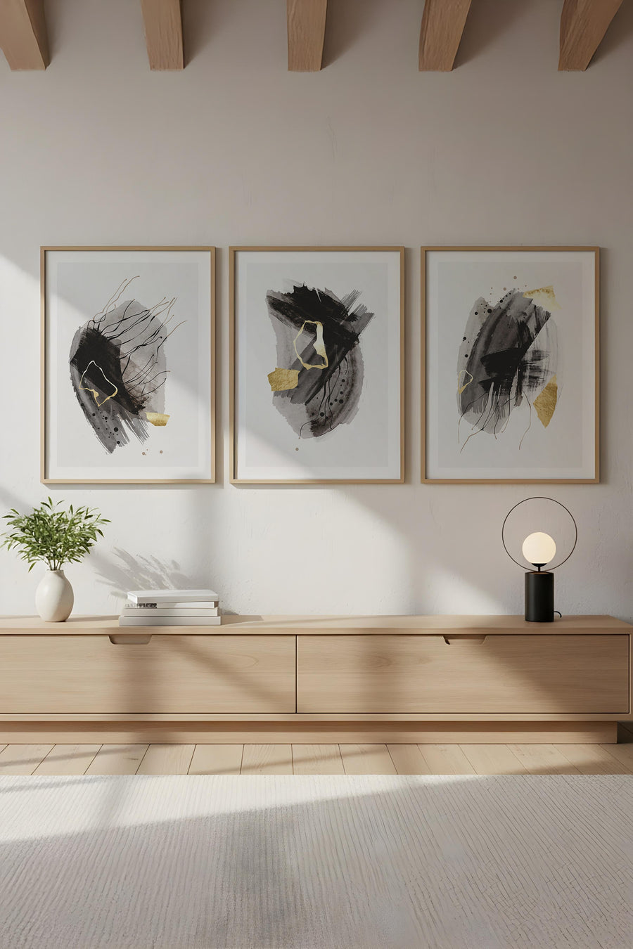 Ahşap Siyah Çerçeveli Minimalist 3’lü Tablo | Huhu208