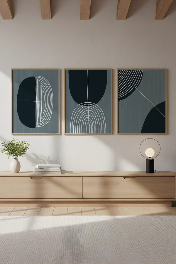 Geometrik Desenli Mavi Tablo Seti - Modern 3’lü Set | huhu214