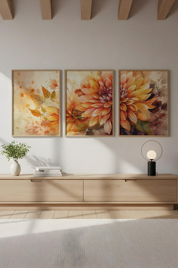 Çiçek Desenli Turuncu Tablo Seti - Modern 3’lü Set | huhu220