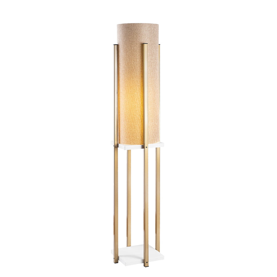 Raflı Lambader Metal Keten Abajurlu - Altın