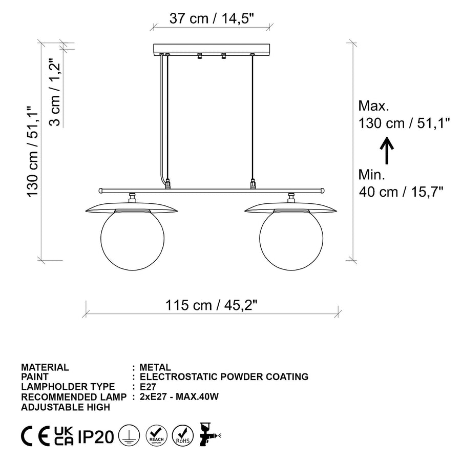 Cam 2'li Avize Metal Diskli - Siyah