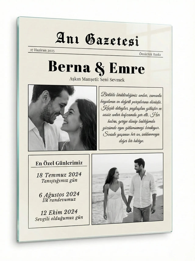 Kişiye Özel Cam Tablo – Anı Gazetesi Konseptli | Fotoğraflı, İsimli & Tarihli Tasarım
