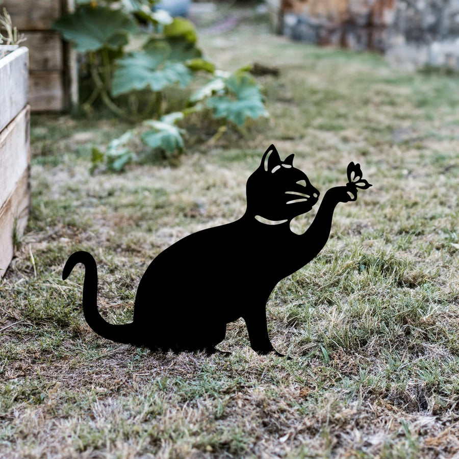 Oyun Pozu Kedi Metal Bahçe Dekoru - Siyah