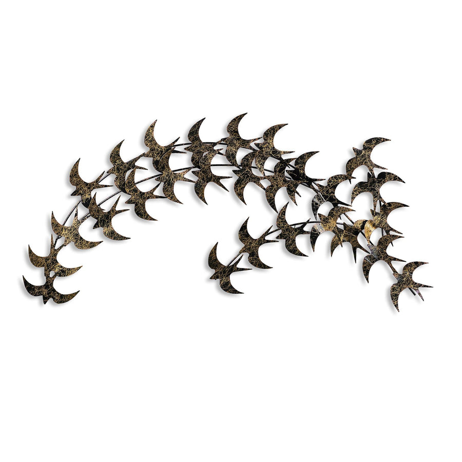 Sürü Halinde Kuş Metal Duvar Panosu - Altın