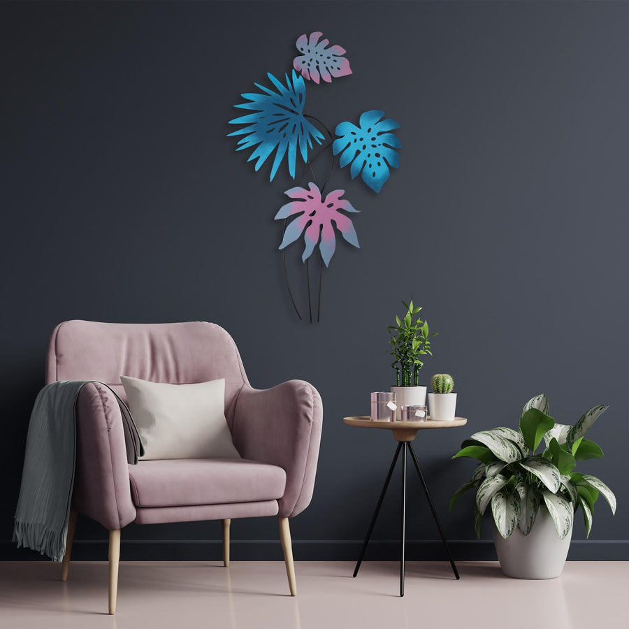 Monstera Yaprak Metal Duvar Panosu - Mavi