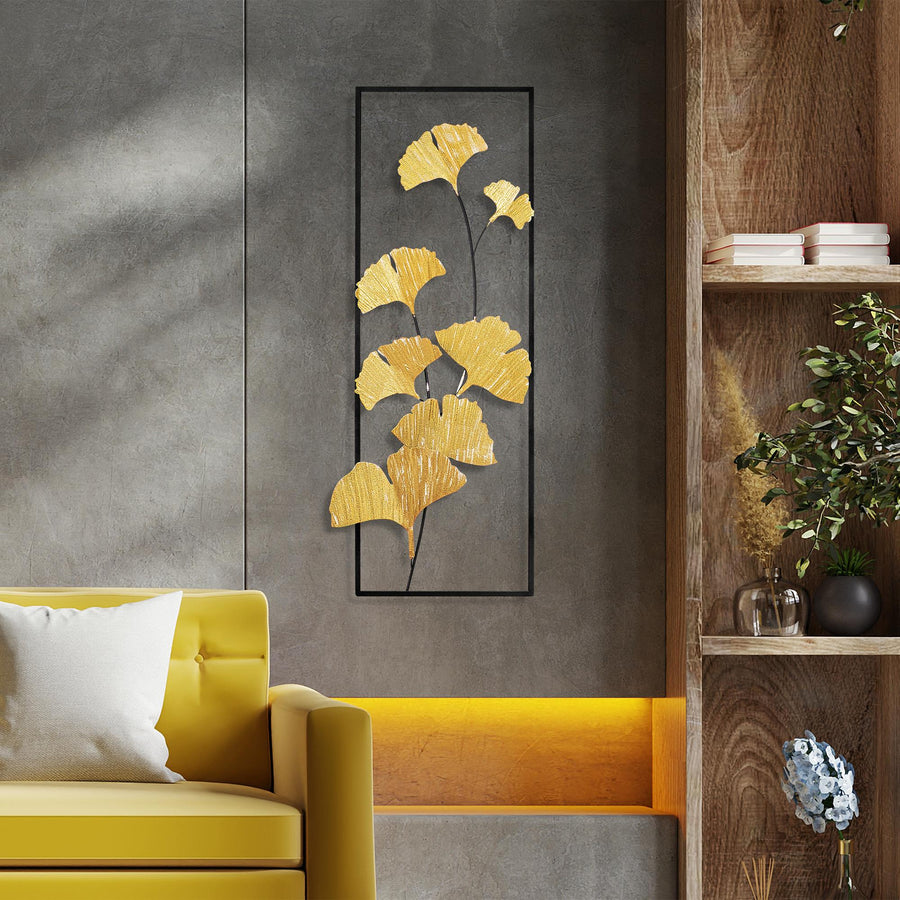 Ginkgo Yaprak Metal Duvar Panosu - Altin